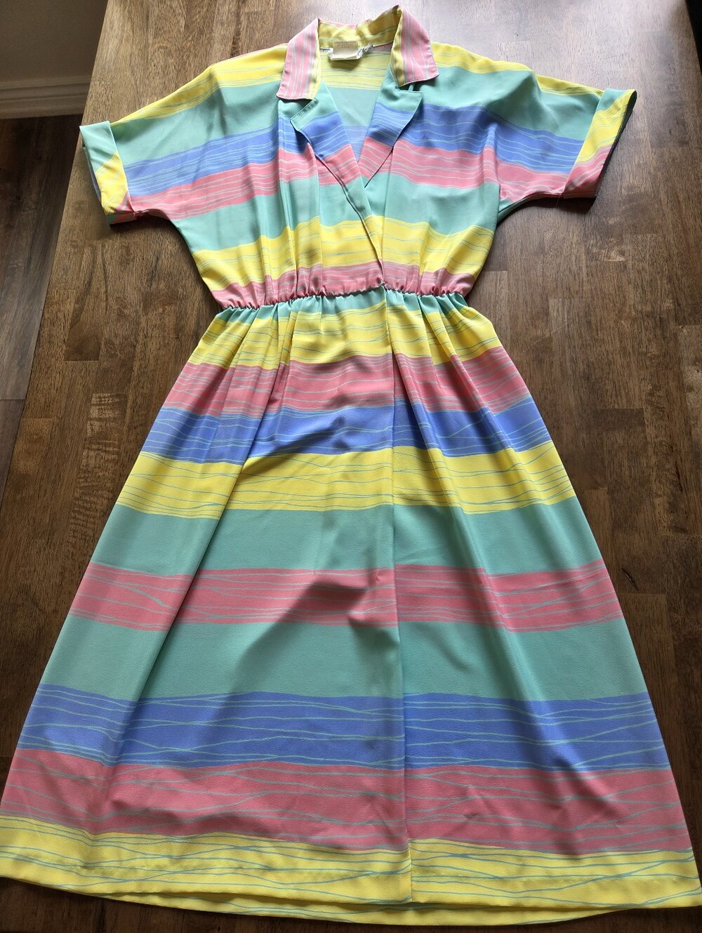 Vintage Multicolor Striped Midi Dress With Shoulder Pads Made In Canada